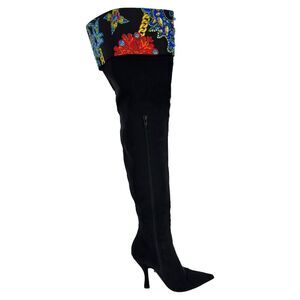 Versace Over The Knee Boots w/ Crystals in Black Cotton